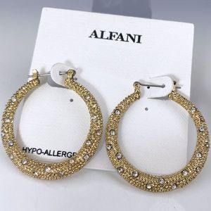 Pretty Alfani Textured Gold-Tone Crystal Accent 1-1/2" Hoop Earrings